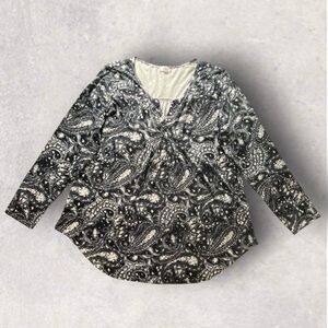 Halife Womens 3XL Black White Paisley V Neck Twist Front Long Sleeve Stretch Top